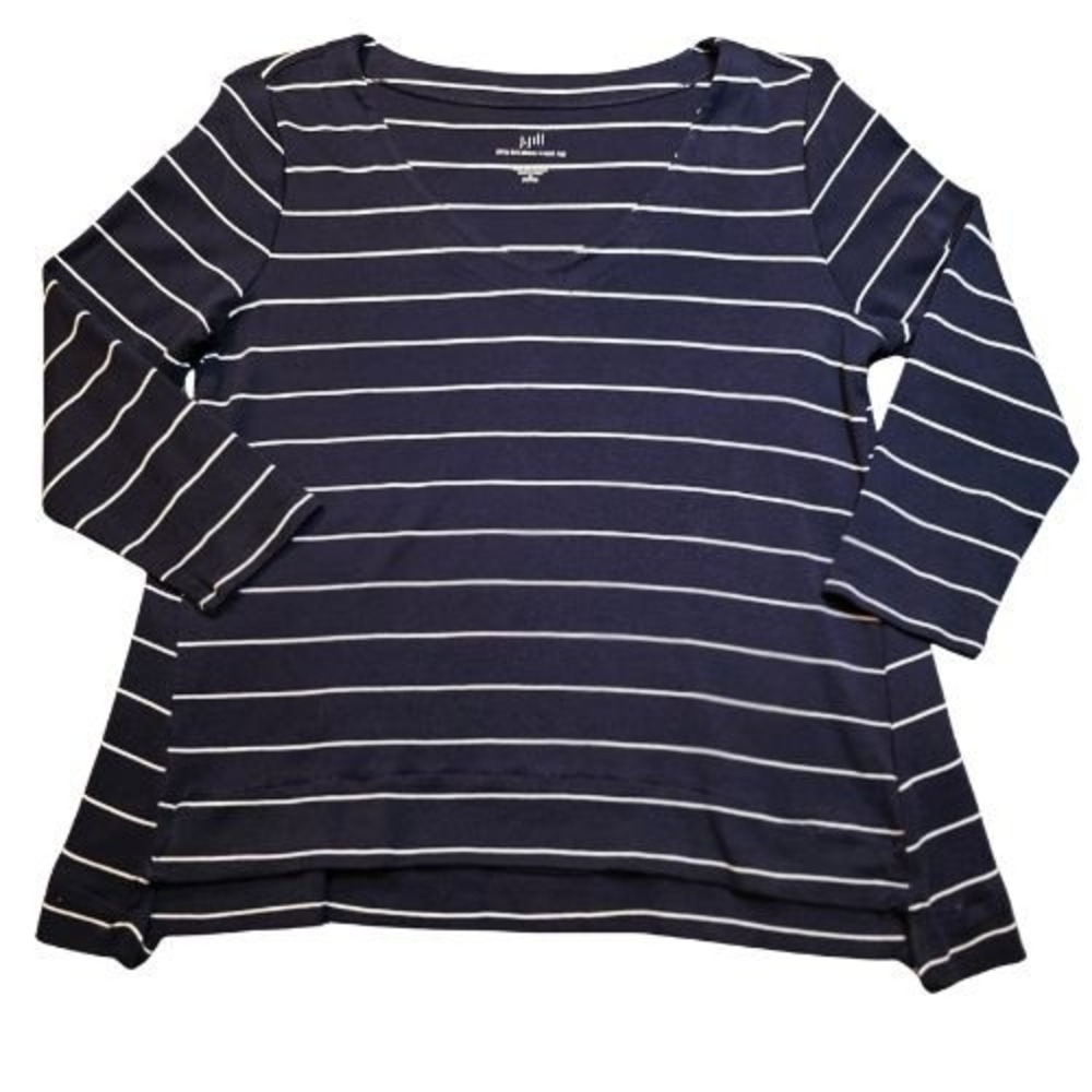 J. Jill Pima Cotton Navy White Striped V-Neck 3/4 Sleeve Top S P Nautical Hemmed